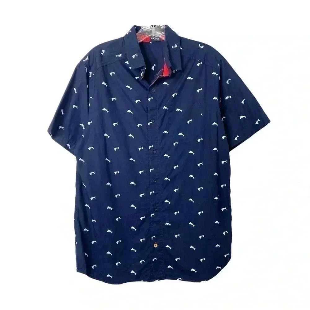 BG Blue Gear Slim Fit Blue Stretch Everyday Sharks Button Down Shirt